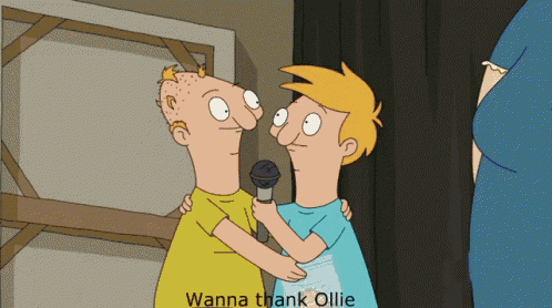 a cartoon of two men hugging with the words wanna thank ollie above them