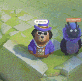 a cartoon character says im win now in a speech bubble