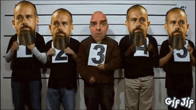 a group of men with bearded faces holding up signs with the number 3