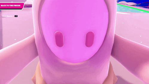 a close up of a video game character with the words back to the finish visible