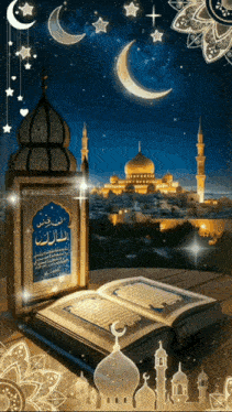 a mosque is lit up at night with a crescent moon