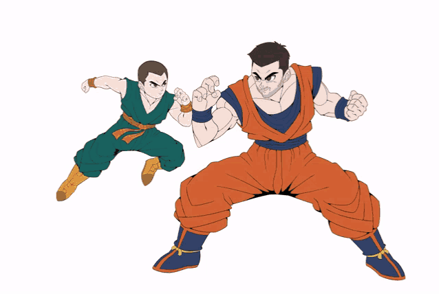 a cartoon drawing of a man and a boy in dragon ball outfits