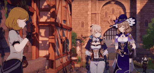 three anime characters standing in front of a brick building