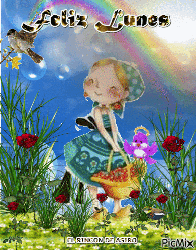 a picture of a girl holding a basket with the words feliz lunes