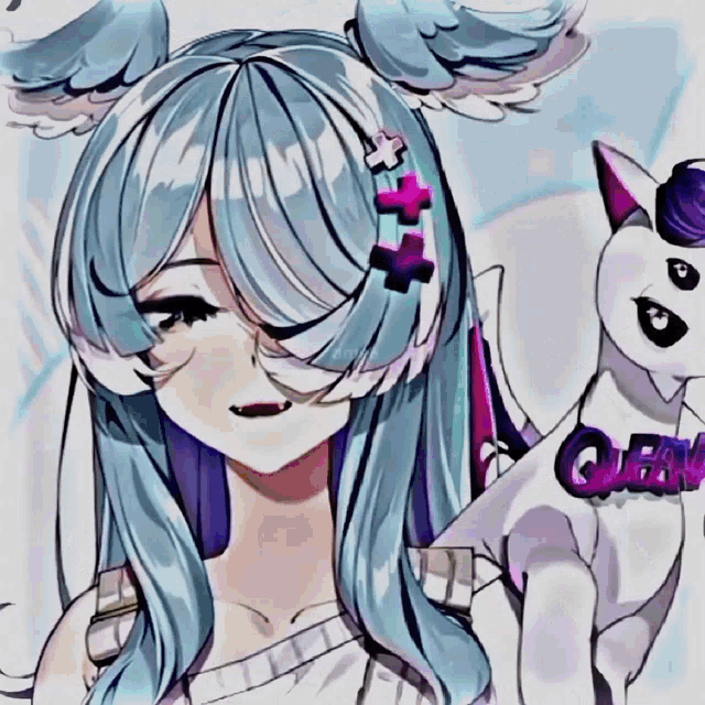 a drawing of a girl with blue hair and a cat with the word queen written on it