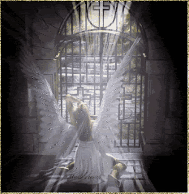 a picture of a woman with angel wings looking out of a gate