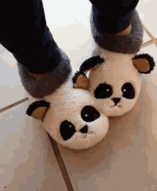 a person is wearing a pair of panda slippers