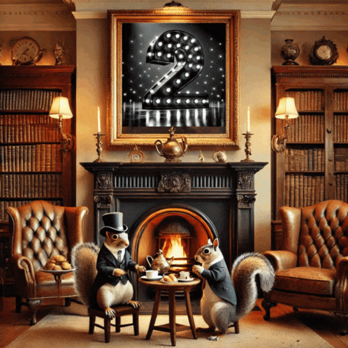 two squirrels are sitting at a table in front of a fireplace in front of a painting with the number 2 on it