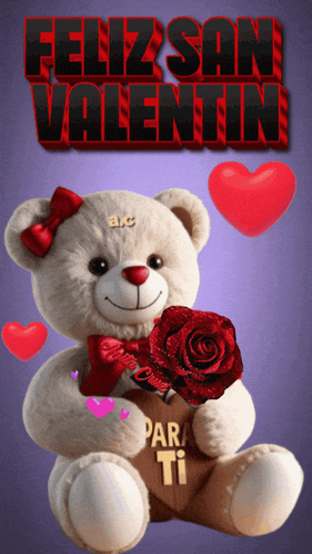 a teddy bear is holding a red rose in front of a purple background that says feliz san valentin