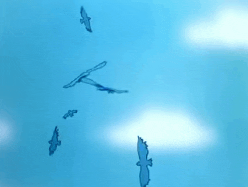 a flock of birds flying in the sky with a blue background