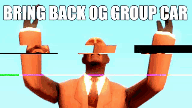 a man in a suit and tie with his arms in the air with the words bring back og group car written above him