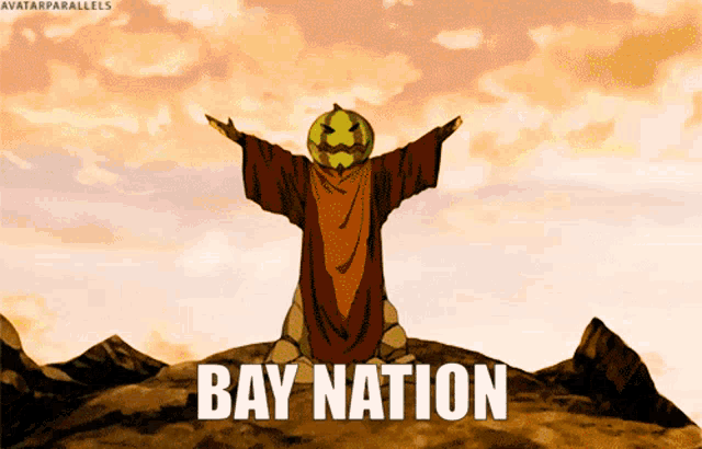 a cartoon character with a pumpkin on his head and the word bay nation below him