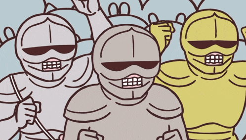 a cartoon drawing of a group of people wearing armor and sunglasses