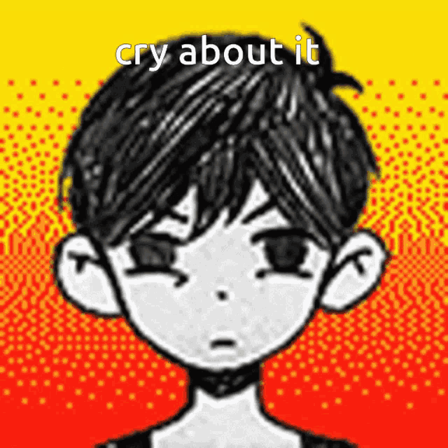 a black and white drawing of a boy with the words cry about it on the bottom