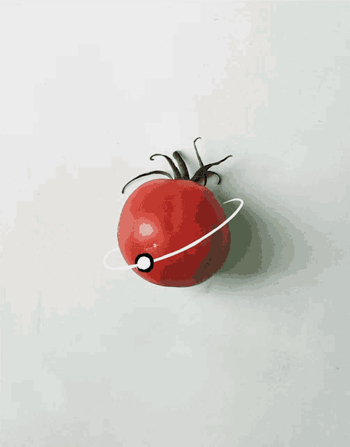 a red tomato with a white circle around it on a white background
