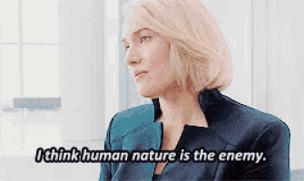 a woman in a suit says i think human nature is the enemy