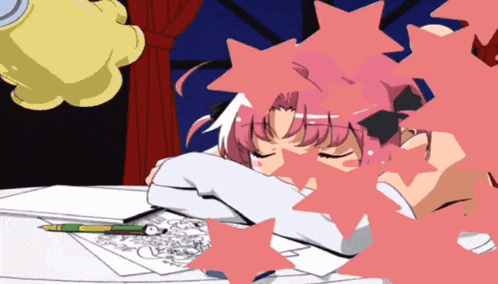 a cartoon of a girl with pink hair sleeping