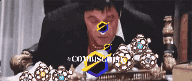 a man in a suit is sitting at a table with #combisgold written above him