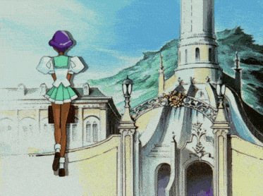 a girl with a purple hat is standing in front of a castle