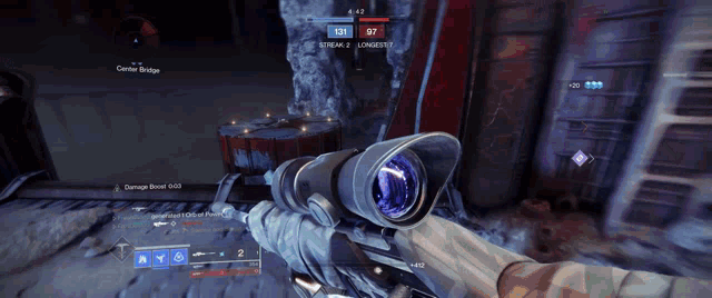 a person is holding a sniper rifle in a video game with a score of 97