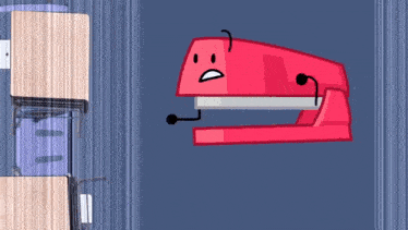 a red stapler with a surprised face is flying in the air