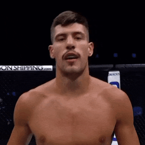 a shirtless fighter with a mustache is standing in a cage .