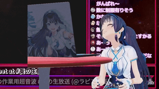a cartoon girl is sitting at a table in front of a sign that says ' broadcast # ' on it