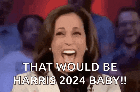 a woman is laughing and says that would be harris 2024 baby .