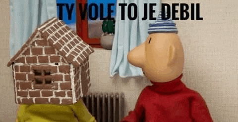 two cartoon characters , pat and mat , are standing next to each other in a room .