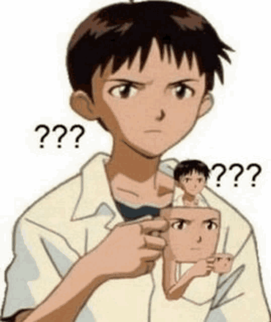 a cartoon character is holding a picture of another person 's face and has a question mark above his head