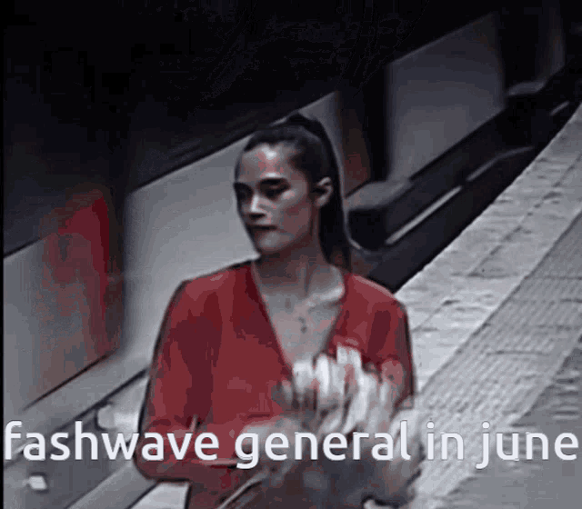 a picture of a woman in a red top with the words fashwave general in june below her