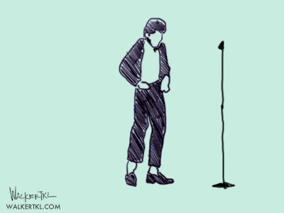 a drawing of a man dancing with the website walkertkl.com underneath