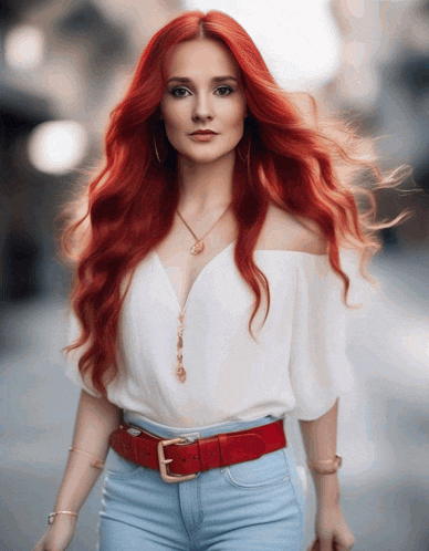 a woman with red hair is wearing a white off the shoulder top and jeans