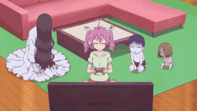 a girl playing a video game with the words when you on the tv screen