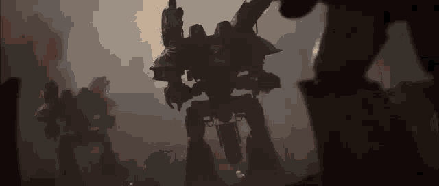 a group of robots are standing next to each other in a dark room in a video game .