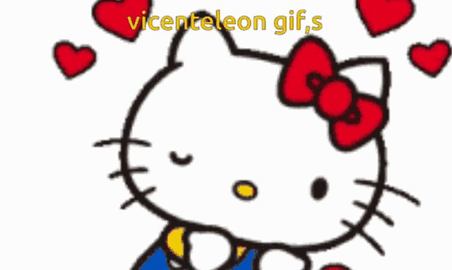 a drawing of hello kitty with hearts around her and the words vicenteleon gifs on the bottom