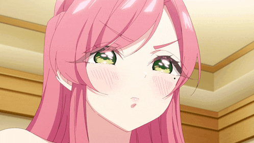 a girl with pink hair and green eyes has a black spot on her cheek