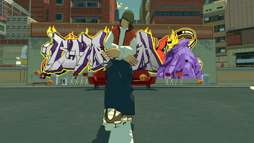 a cartoon character is standing in front of a wall that has graffiti on it that says ' a ' on it