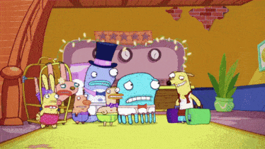 a group of cartoon characters in a room with a clock on the wall