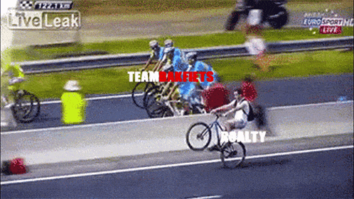 a group of cyclists are riding down a road and the words team bakfiets are on the bottom