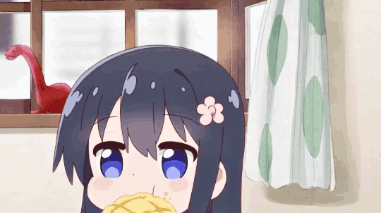 a cartoon girl with a flower on her head is eating a yellow item