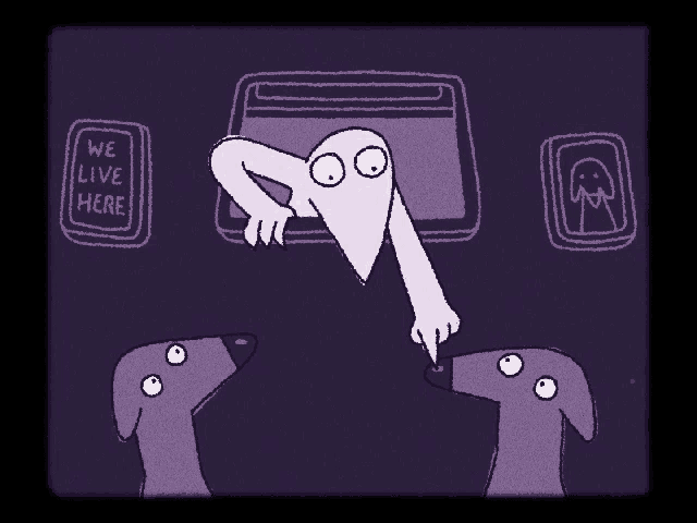 a cartoon drawing of a ghost and two dogs with a sign that says we live here