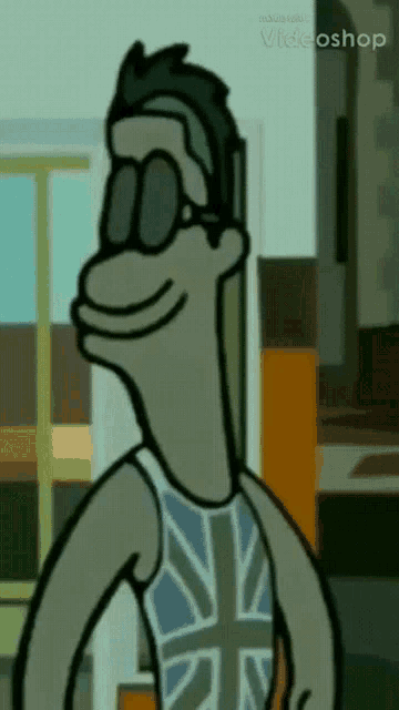 a cartoon character wearing sunglasses and a british flag tank top