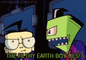 a cartoon character says " the filthy earth boy lies " in a dark room