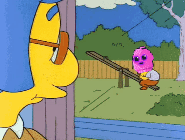 a cartoon character with glasses is looking at a pink ice cream man on a seesaw