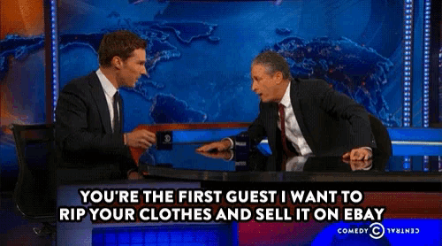 two men are sitting at a table with the words you 're the first guest i want to rip your clothes and sell it