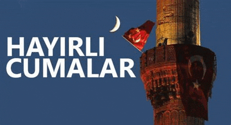 a clock tower with a flag on top of it and the words `` hayirli cumalar '' written on it .