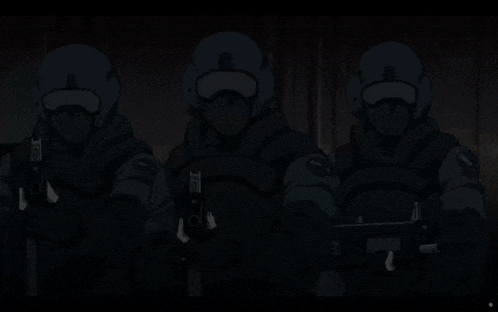 three soldiers are holding guns in a dark room and one of them has the letter b on his chest