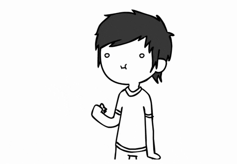 a black and white drawing of a boy with a surprised face
