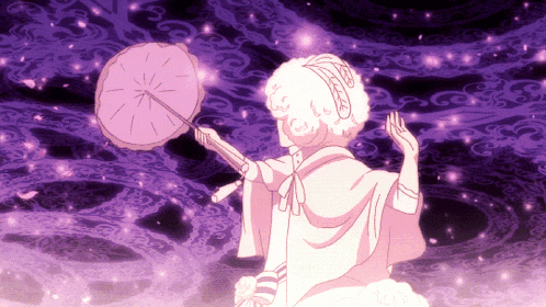 a cartoon drawing of a woman holding an umbrella in front of a purple background